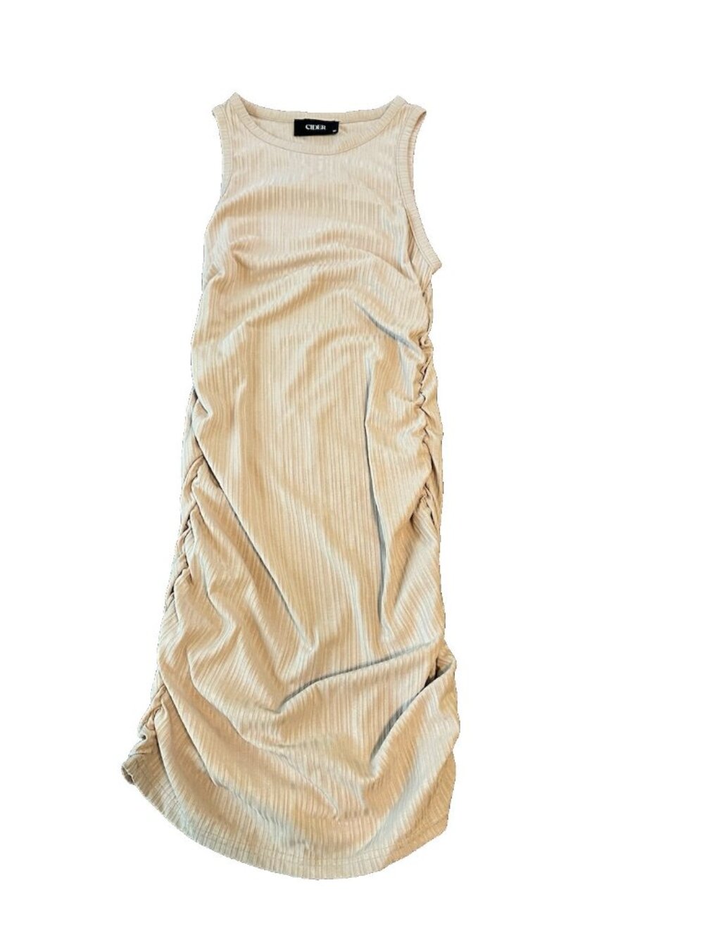 Cider Ruched Ribbed Midi Dress M Beige‎ Sleeveless Bodycon Stretch Minimalist